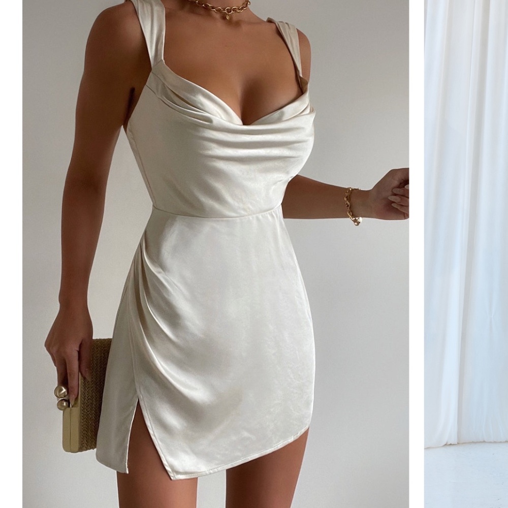 Satin Cowl Neck Mini Dress in Cream